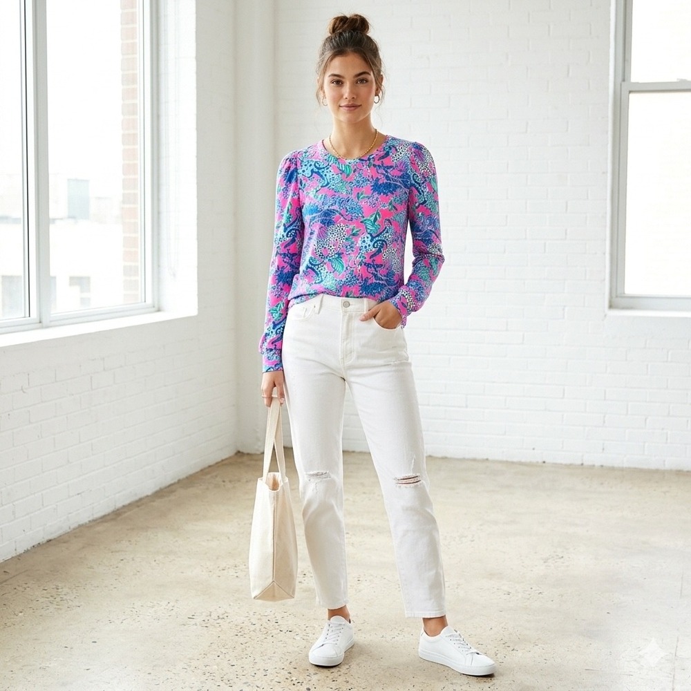 Lilly Pulitzer Etta Top Women Small Pink Animal Print Puff Sleeve Boho